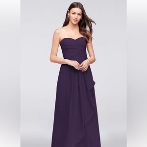 🦄💟DAVIDS BRIDAL PLUM STRAPLESS CRINKLE CHIFFON GOWN W/CASCADE SKIRT💟🦄